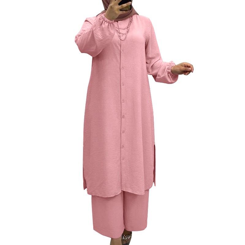 In Stock: Middle Eastern Muslim Solid Color Casual Button Long Sleeve & Elastic Pants Set