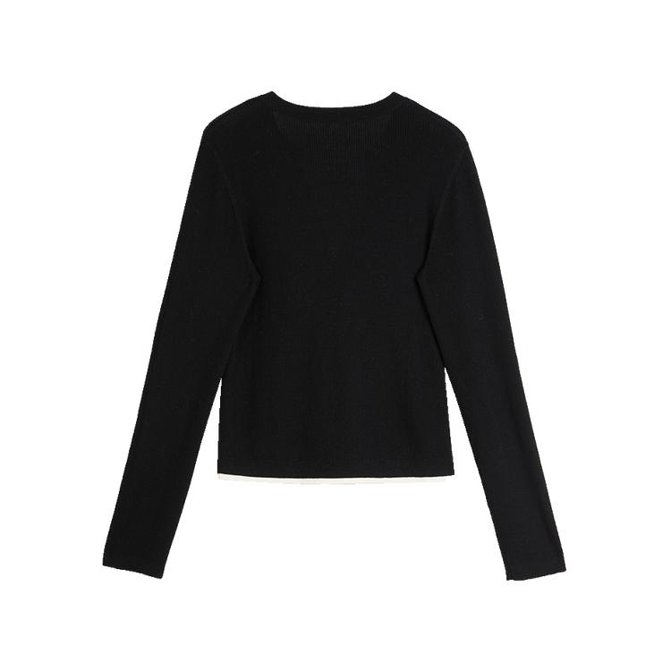 ELLE French Style Solid Color Embroidered Logo Simple Long Sleeve V-Neck Sweater Women Sweater Black EM40013