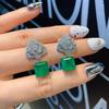 Jewelry Style Imitation Emerald Bar Ring Necklace Stud Earring Set Flower Shape Creative Full Diamond 10 * 10