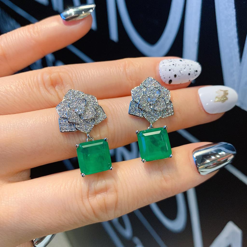 Jewelry Style Imitation Emerald Bar Ring Necklace Stud Earring Set Flower Shape Creative Full Diamond 10 * 10