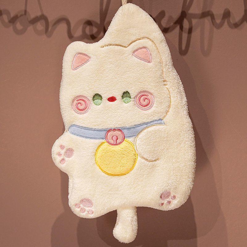 Cartoon Cat Coral Fleece Hangable Hand Towel - Thick, Absorbent, Dual-Use for Kitchen & Bathroom.
