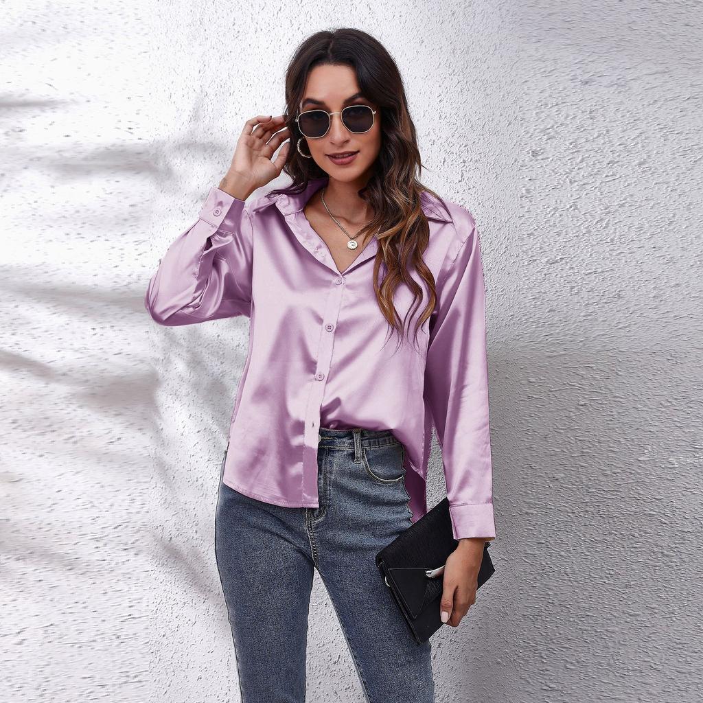 . Real Shot, Satin Shirt, Women's Satin Imitation Silk Long-sleeved Shirt, New European and American Women's Clothing