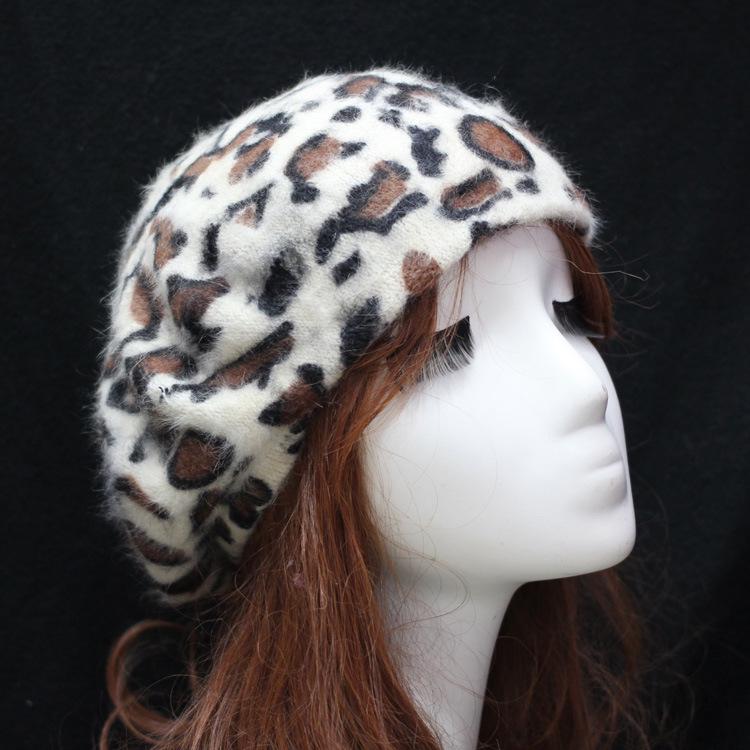

Берет женский из кроличьего меха с леопардовым принтом в корейском стиле