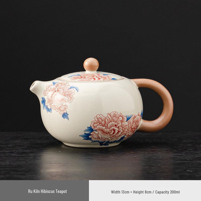 Elegant Ru Kiln Hibiscus Teapot Set: Includes Beige Side-Handle Pot, Lid, Bowl, Filter Screen, Tea Wash Pitcher, Gong Dao Bei for Gongfu Tea.