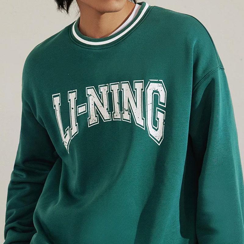 Li Ning Sports Lifestyle Series Letter Print Fleece Pullover Sweatshirt Unisex Sweatshirt Dark-Green AWDTB51-3