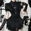 GlowGirl Goth Dark Kawaii Black Short Sleeve Buttons Shirt Lace-up Blouses Mall Gothic Slim Lapel Collar Stripe Shirts Women Alt Techwear