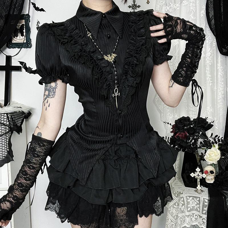 GlowGirl Goth Dark Kawaii Black Short Sleeve Buttons Shirt Lace-up Blouses Mall Gothic Slim Lapel Collar Stripe Shirts Women Alt Techwear
