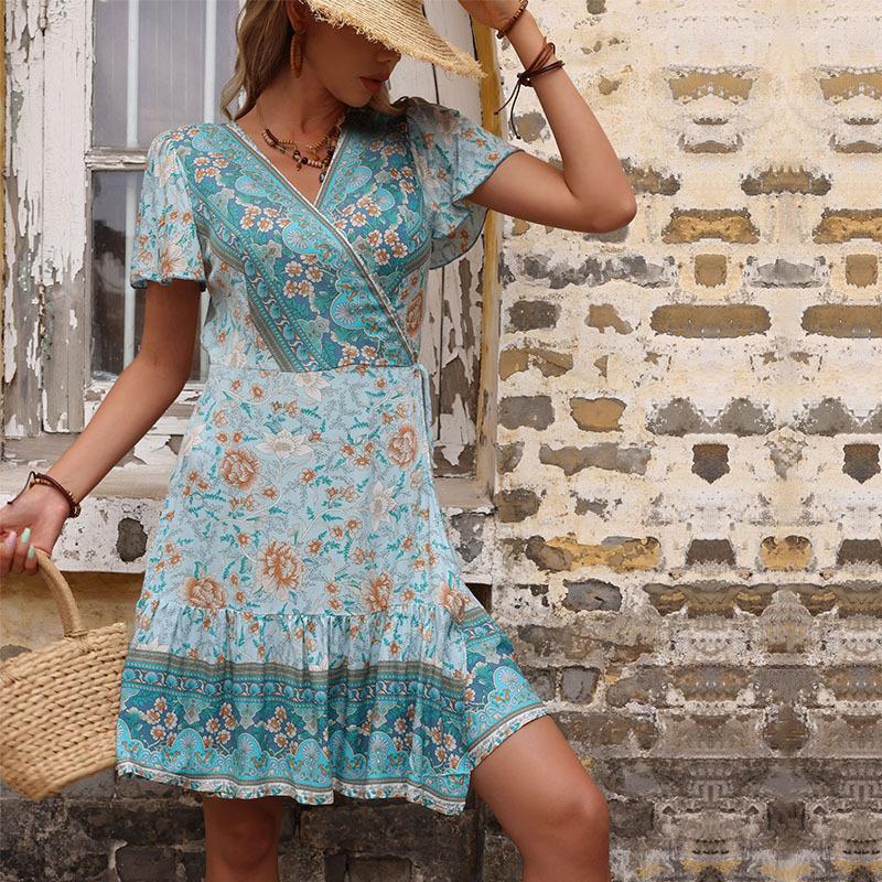 

Summer ethnic style one-piece lace-up floral geometric print dress S зелёный