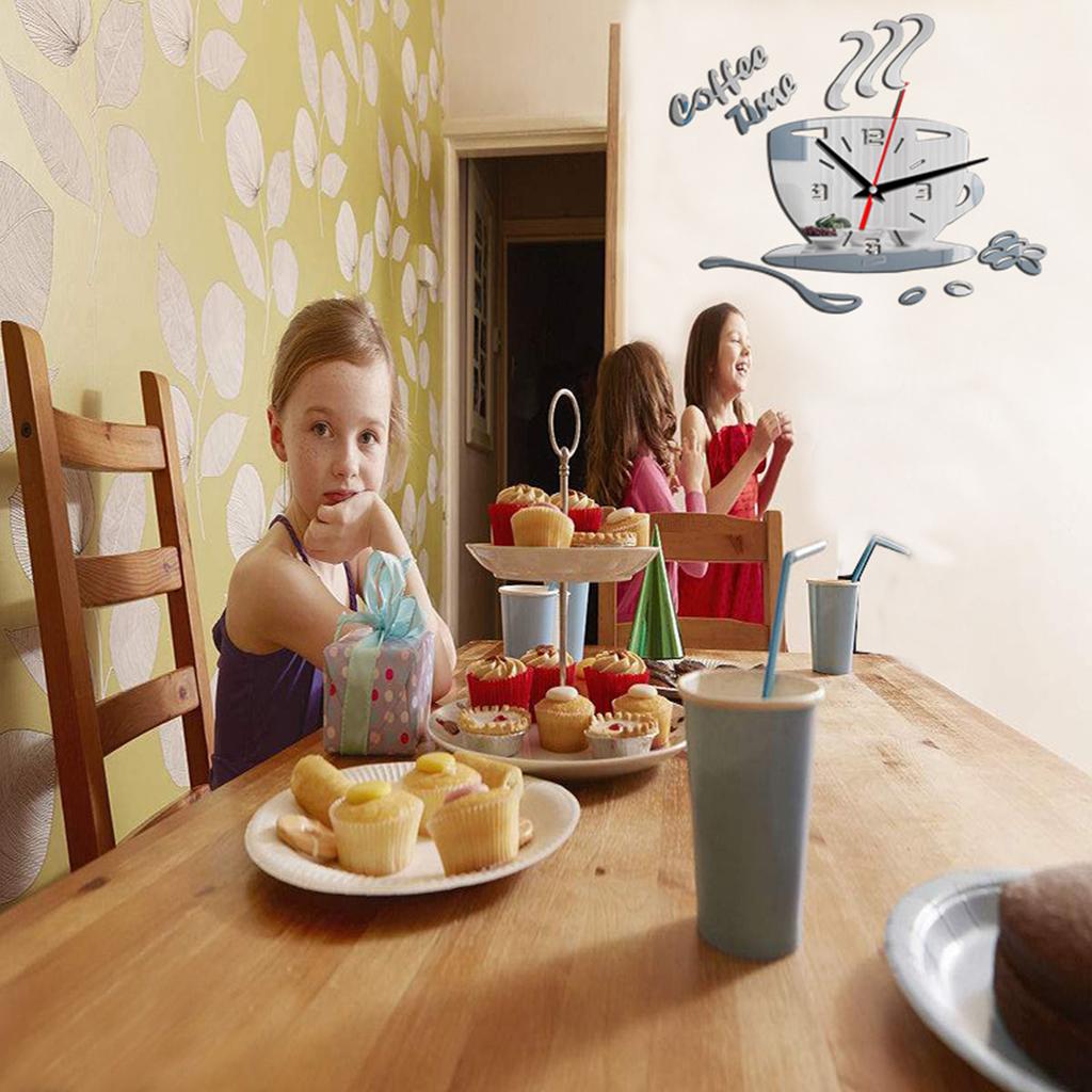 DIY Acrylic Mirror Wall Clock Coffee Cup Design Silent Home Decor