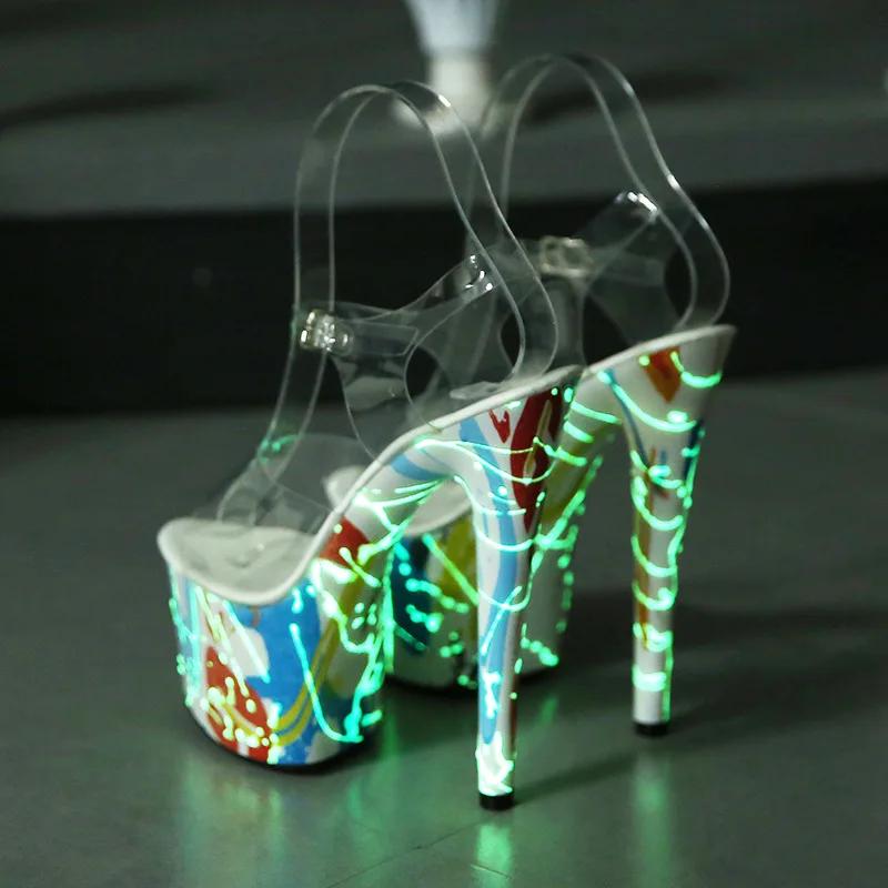 Fashion Designer 20CM Hentian High Nightclub High Heel Shoes Fluorescent Sandals Women's Shoes Walking Show Steel Pipe Dance Shoes