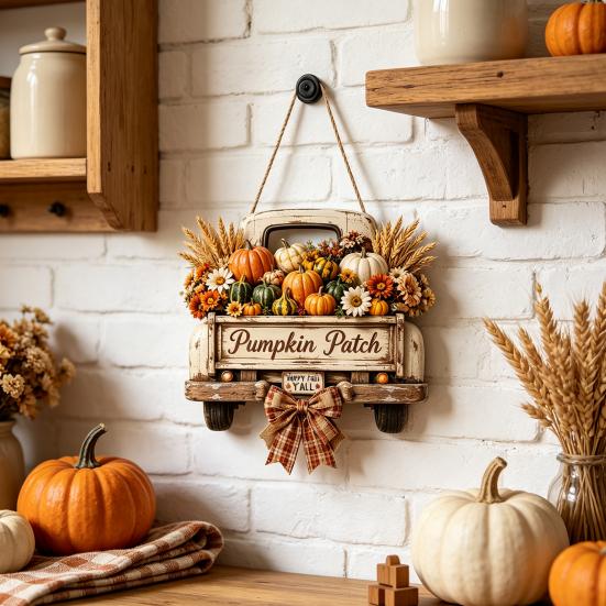 Rustic Pumpkin Truck Door Ornament Harvest Hanging Sign for Front Door, Wooden Fall with Distressed Wood Hemp Rope, Farmhouse Welcome Sign,