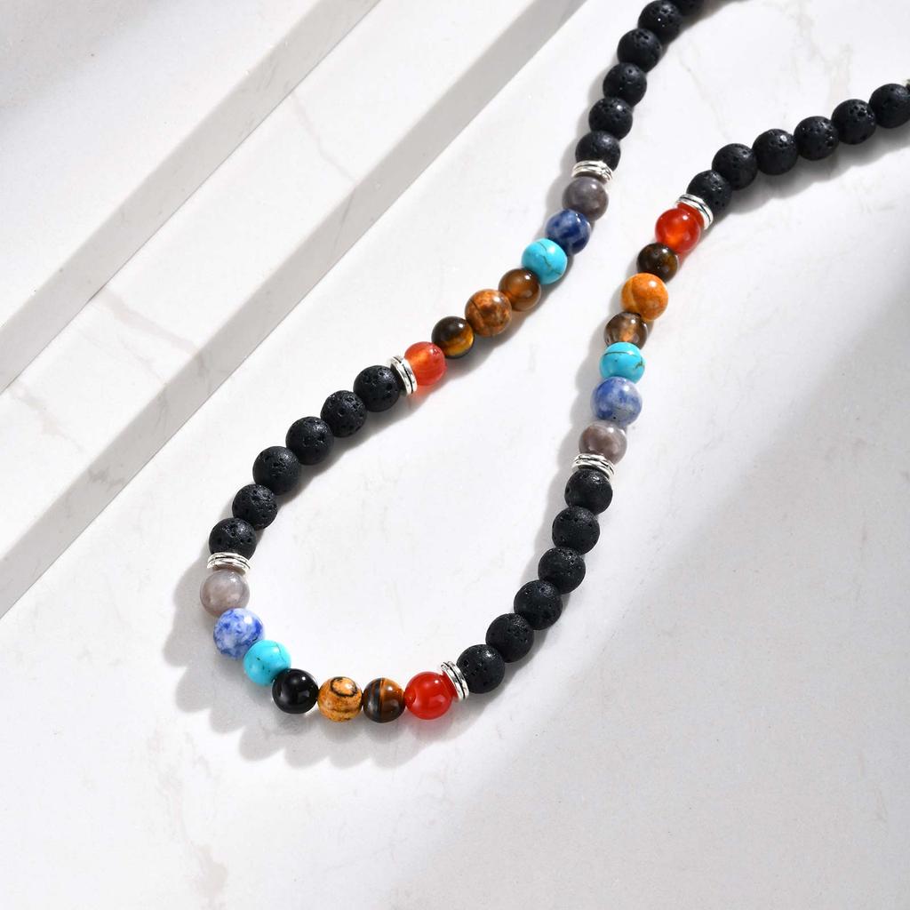 Boho Colorful Natural Stone Beaded Necklace, Vintage Trendy Stainless Steel Choker Necklace for Men, Waterproof Jewelry Gift