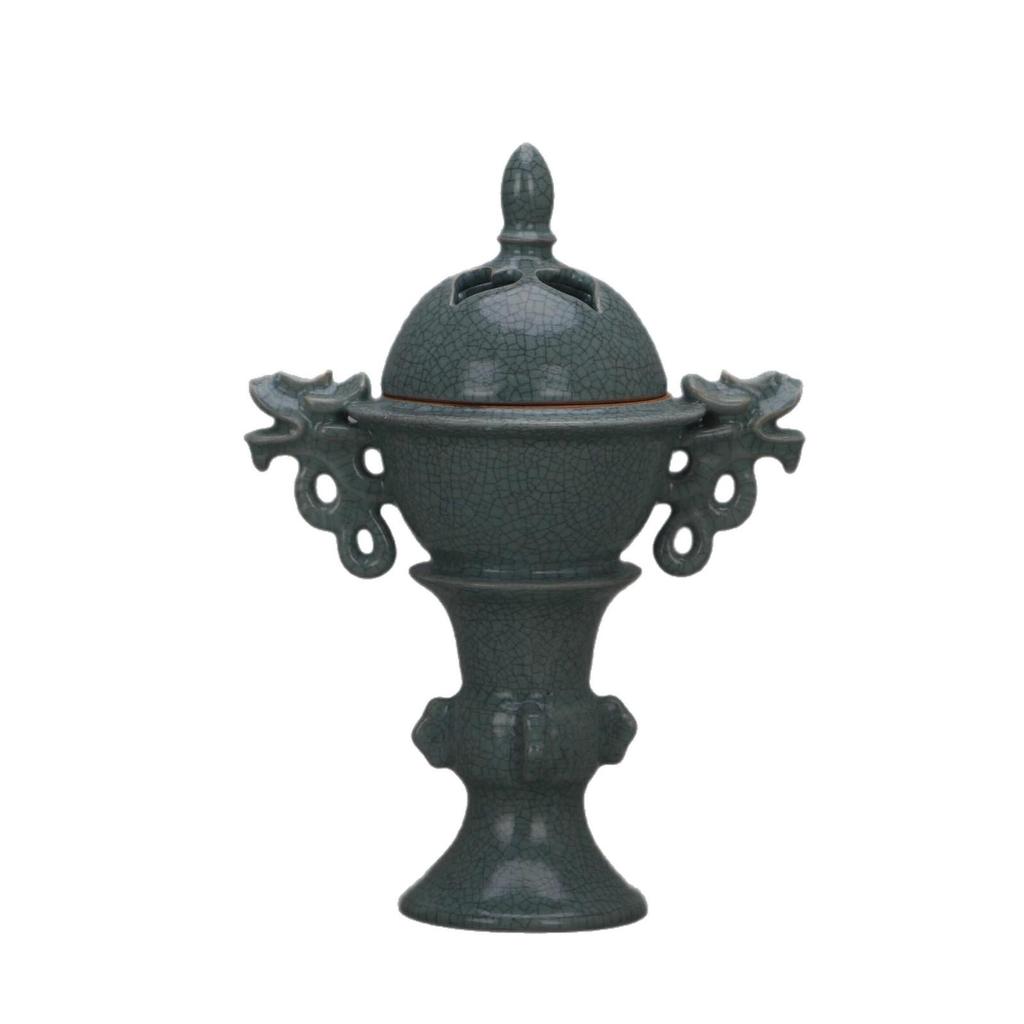 Song Dynasty Ru Kiln Celadon Double-Ear Dragon Incense Burner with Spur Marks - Antique Imitation Porcelain Collectible