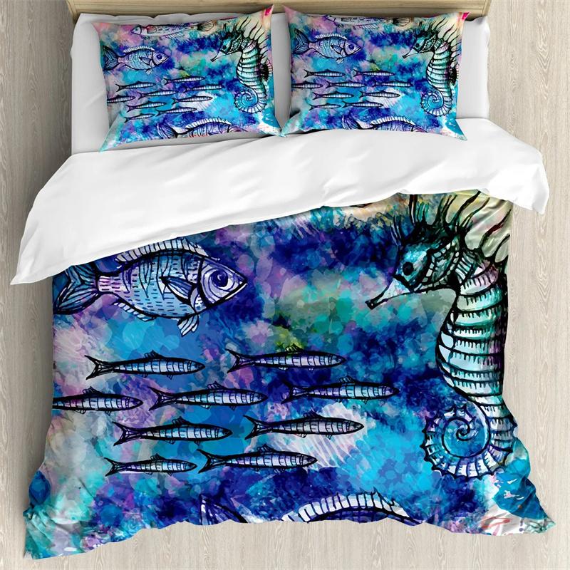 Seahorse Duvet Cover Marine Ocean Animal Print Bedding Set Mediterranean Teal Theme for Kids Women Gifts