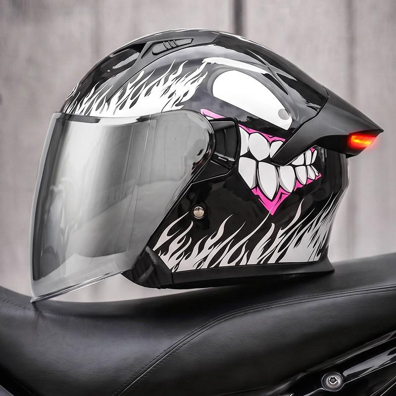 Smart LED Tail Light Motorcycle Helmet 3/4 Open Face ABS Full Protection Universal Fit Men Women