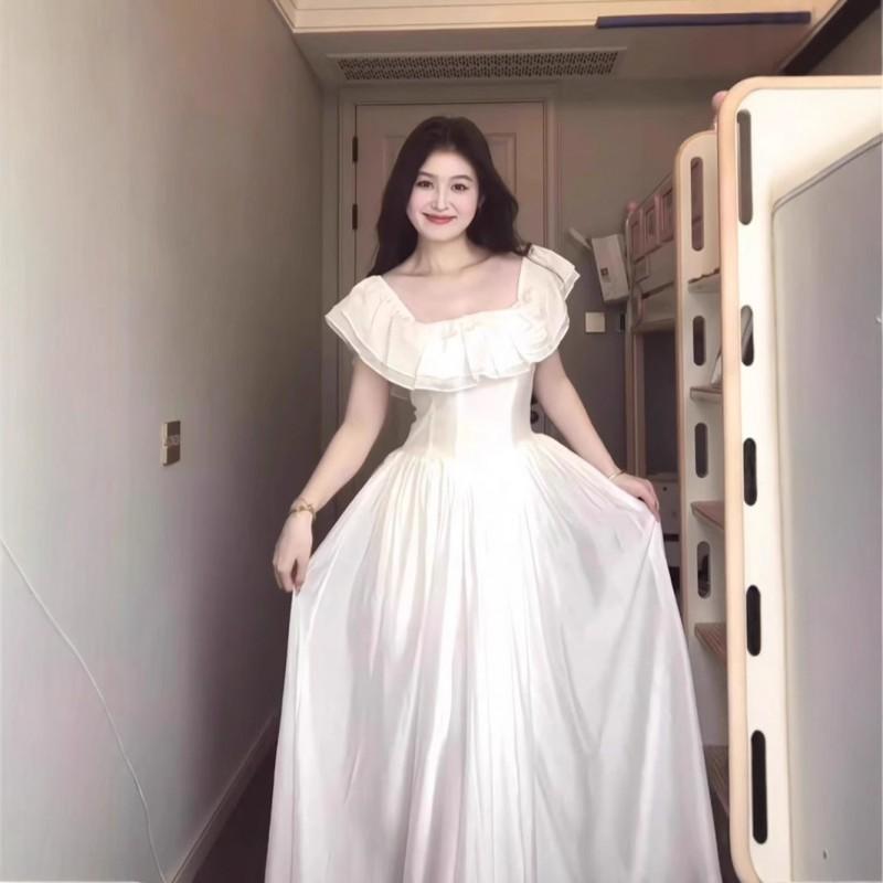 One-neck Waist Dress Women Slim Skin-covered Small Fresh Long Skirt With Ruffles Fashionable Temperament Commuting