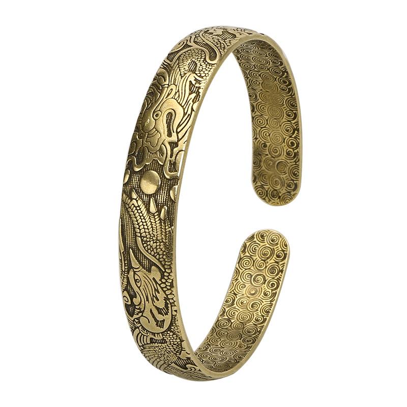 

[Vintage Dragon Phoenix Bangle Cuff for Couples Brass Carved Jewelry Open Bracelet] Approximately 1cm wide