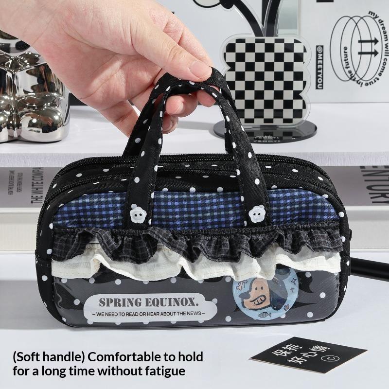Plaid Polka Dot Lace Pencil Case Large Capacity Multi Compartment Clear Itabag Handheld Pen Bag