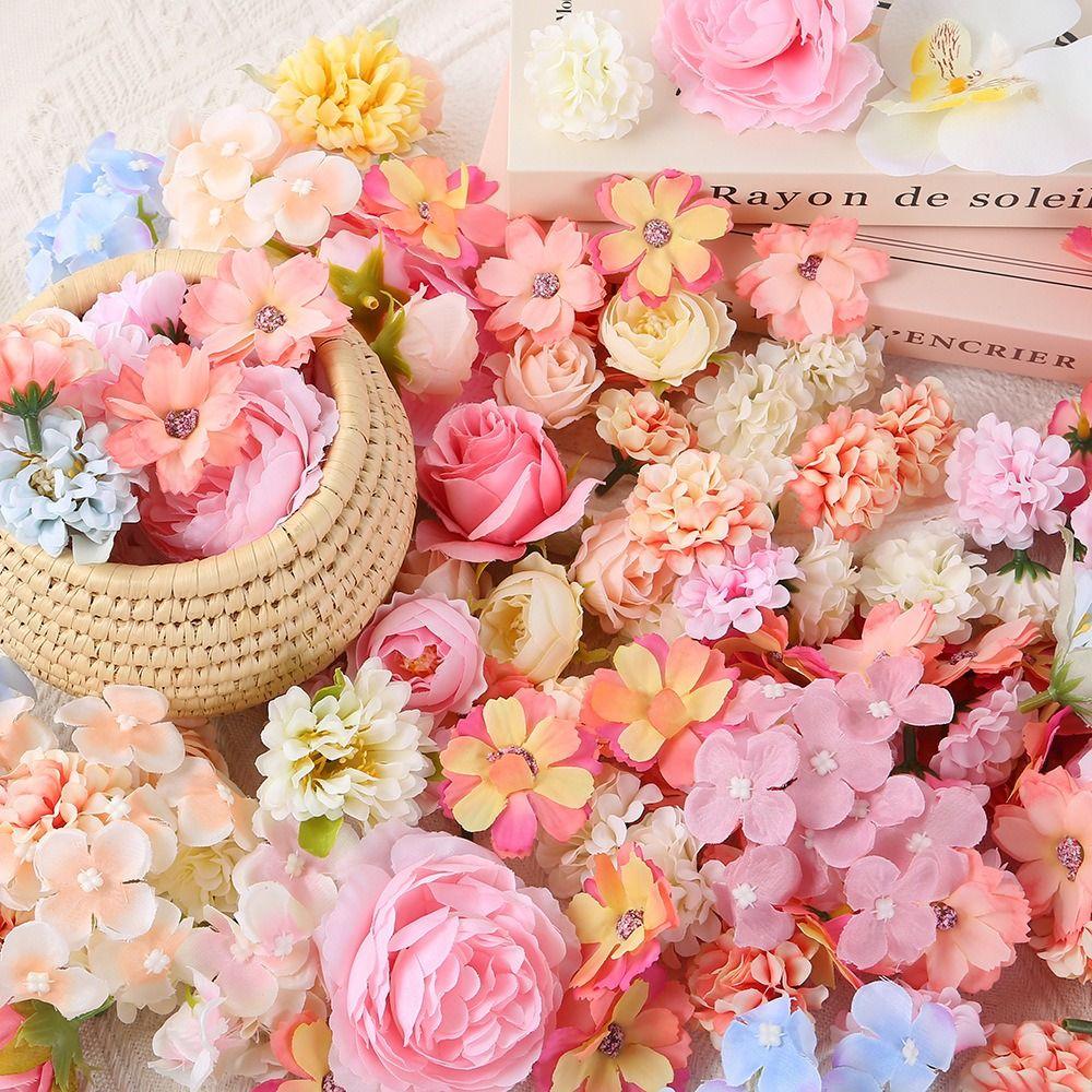 50/100Pcs New Multicolor Faux Flower Heads DIY Silk Artificial Flowers Heads Fake Peony Daisy Rose Flowers Party Supplies