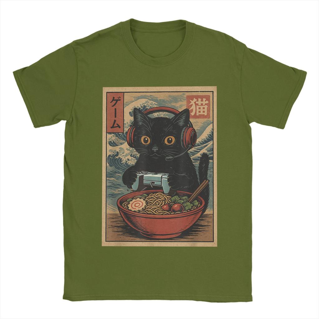 Niesamowite japońskie koszulki z kotem ramen dla mężczyzn z okrągłym dekoltem 100% bawełniane koszulki Kawaii kot z makaronem koszulki z krótkim rękawem oryginalne topy