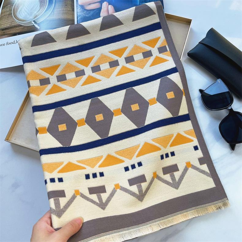 2024 Herbst/Winter Neuer Farbblock-Imitat-Kaschmir-Quastenschal für Damen, verdickter, warmer, doppelseitiger Jacquard-Wollschal