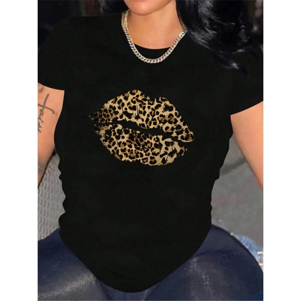 Urban Fashion Women's Leopard-print Short-sleeved Top Summer Daily Casual Women's Crew-neck T-shirt Outdoor Street Elegant Top