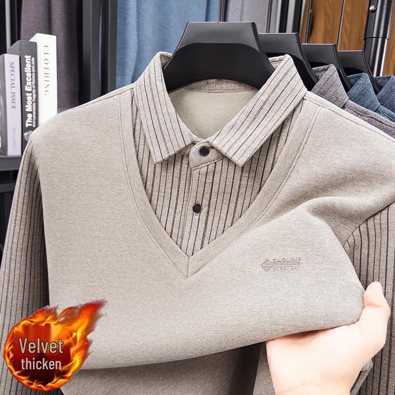 Men's Winter Turn-Down Collar Wool Sweater with Mulberry Silk & Velvet Lining - Warm Knitted Two-Piece Look