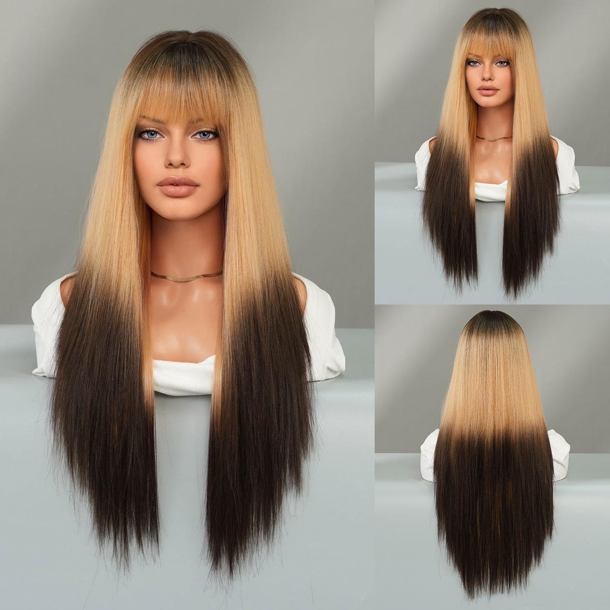 

Women’s Long Straight Wig with Blunt Bangs Heat-Resistant Synthetic Full Wig жовтий