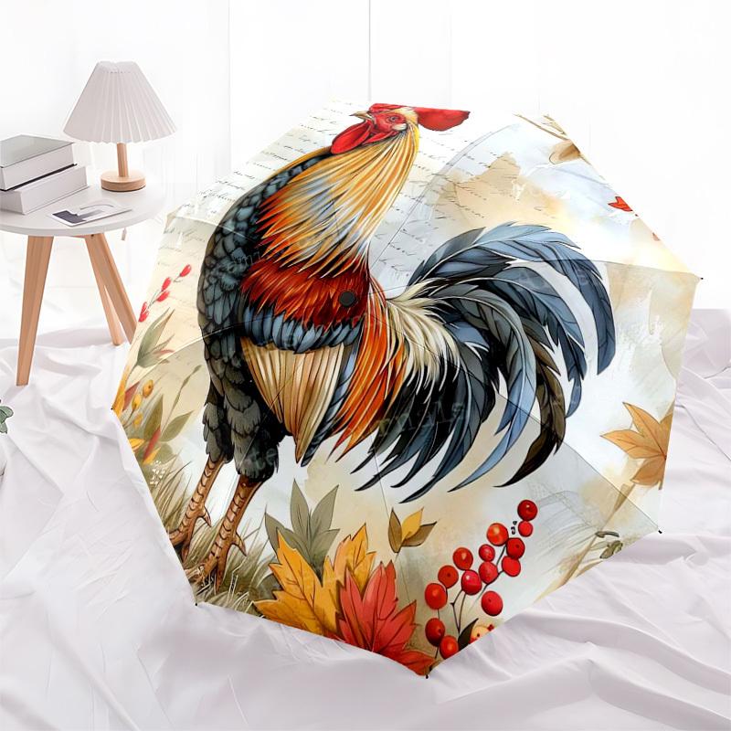 1pc Autumnal Rooster with Berries and Leaves Umbrella with Plastic Handle,Suitable for All Seasons Home Travel Outdoor UmbrellaDD1519