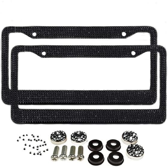 Car License Plate Frame for Women Men 2 Pcs Bling Rhinestone Licence Plate Holder Stainless Steel Covers with Screw Caps Crystal Glitter Tag