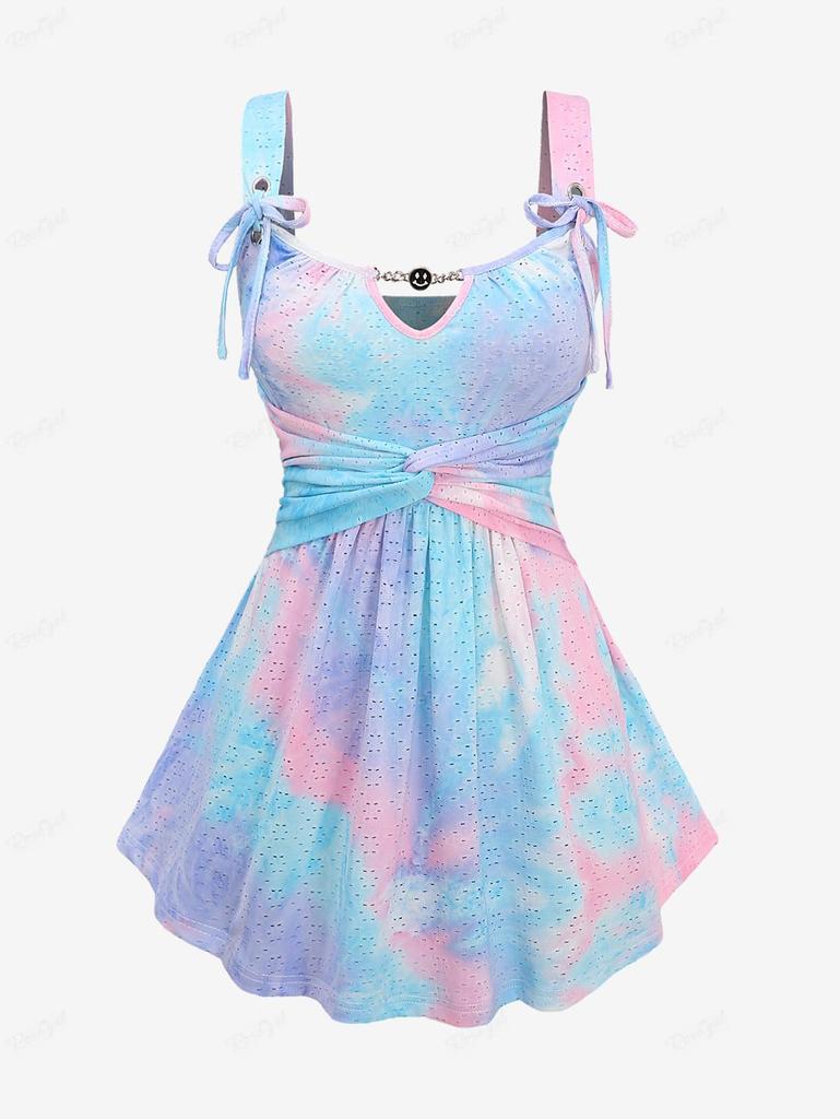 Rosegal Plus Size Ombre Colorblock Tie Dye Print Smile Chain Panel Grommets Tie Twist Hollow Out Tank Top