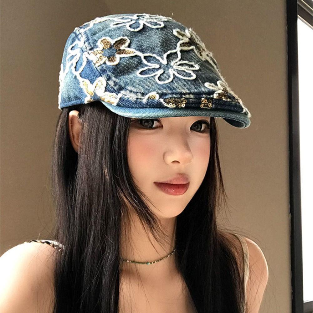 Y2k Denim Forward Cap Ethnic Style Sequin Newsboy Cap Embroidery Flower Forward Hat  Outdoor