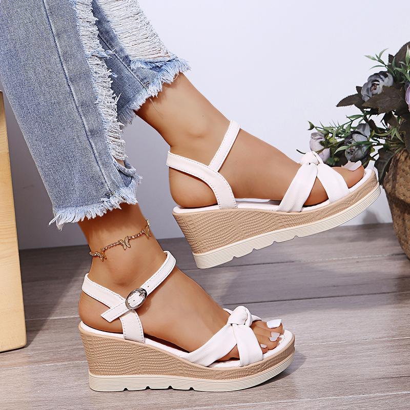 2022 Summer New Wedge Sandals Women's Thick-soled Increased One-word Buckle Strap Platform High-heeled Sandals