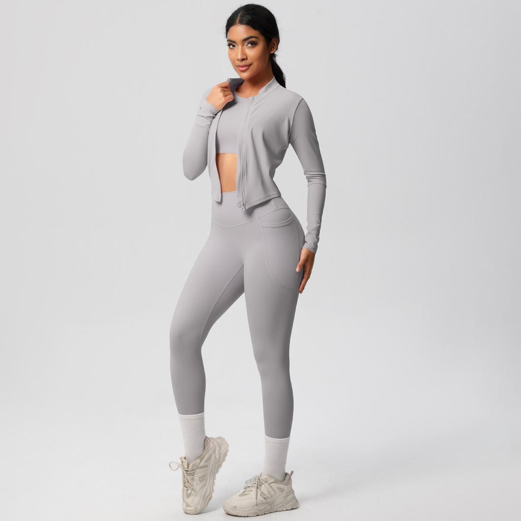 High Waisted, Hip Lifting, Tight Fitting, Quick Drying Yoga Suit Set, Cloud Inspired Running And Fitness Sportswear Three Piece Set For Women
