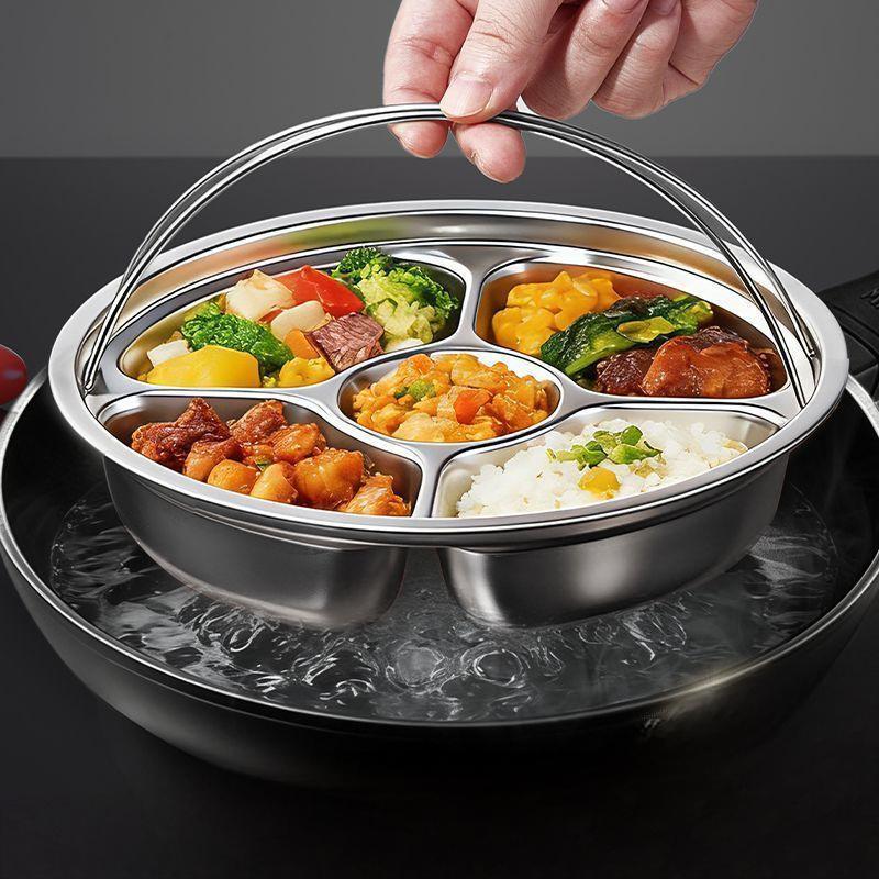 Stainless Steel 5 Compartment Steaming Plate With Handle Divided Food Tray Round Serving Plate For Home Kitchen Meal Prep