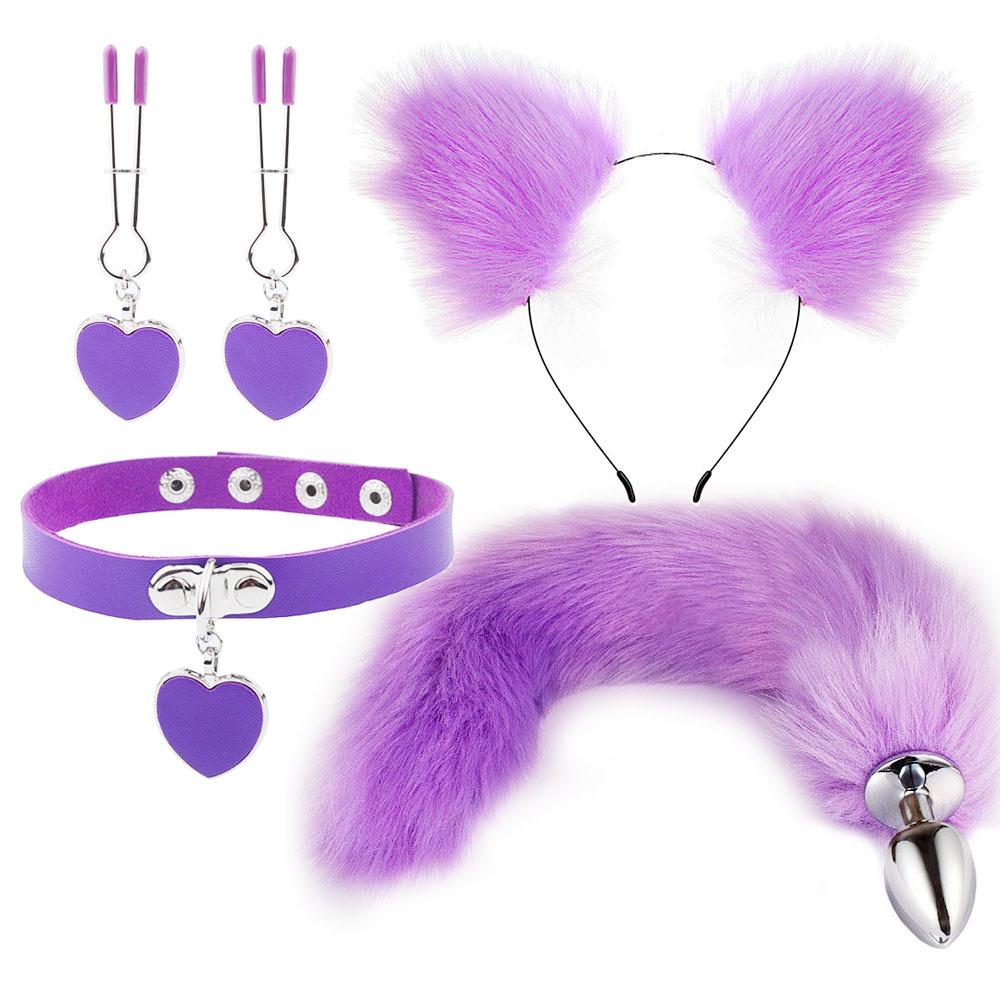 Anal Sex Toys Fox Tail Butt Plug Sexy Plush Cat Ear Headband With Bells Necklace Set Massage Sex Toys For Women Couples Cosplay