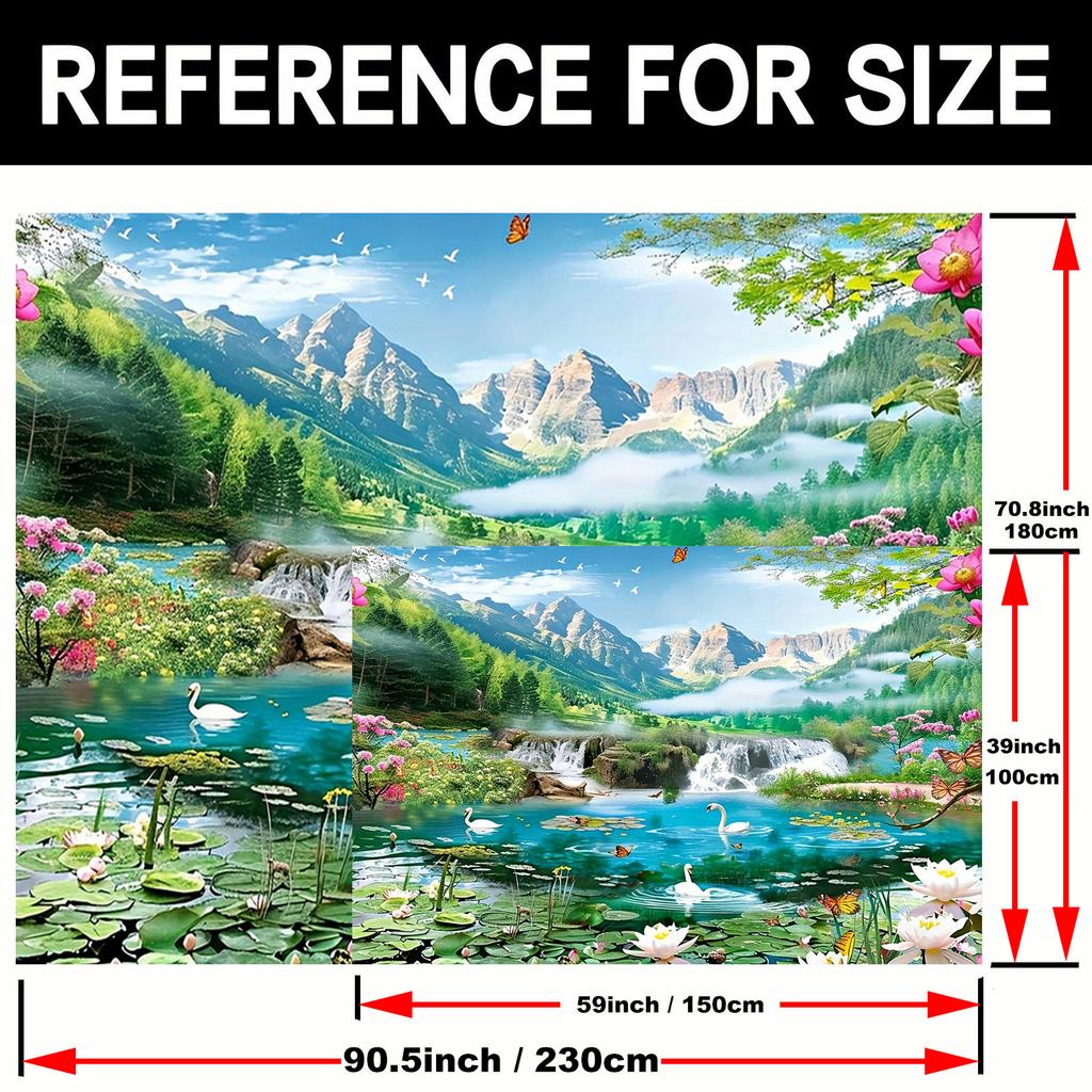 1pc Charming Fairyland Background with Mountains Lakes Waterfalls Swans and Flowers - Dreamy Natural Scenery Home Decoration