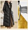 Women's Stylish Over-the-knee White Duck Down Jacket - Long, Slimming, Warm, Waist-Cinched Belted Winter Outerwear.