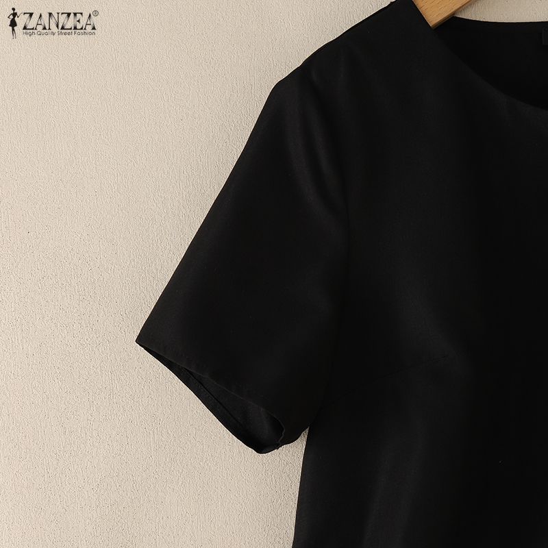 ZANZEA Damen Lässig V-Ausschnitt Einfarbig Locker Kurzarm Bluse