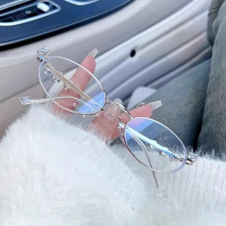 Металлические Овальные Солнцезащитные Очки Женские Мужские Стразы Алмазы Оправа Очки Унисекс Блестящие Очки 2024 Модные Очки серебряный