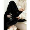 Goldene Samt Hose mit Stickerei Blume, Weites Bein, Hoher Bund