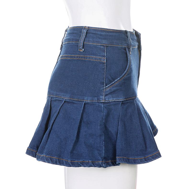 European & American Girls' Sweet College Style A-Line Denim Skirt with Anti-Exposure Lining