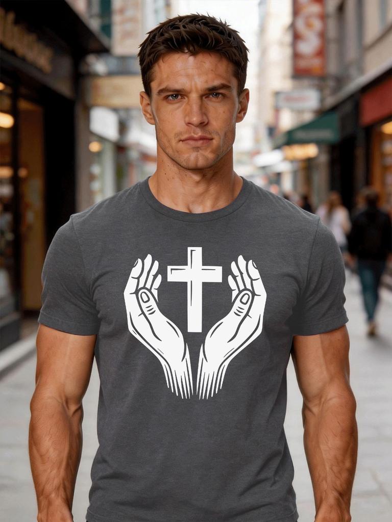 Male Cotton Short Sleeve T Shirt Prayer Hands Cross Pattern Loose Crew Neck Trendy Faith Casual Summer Tees For Young Adult Unisex