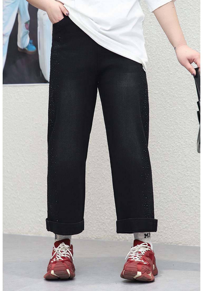 

2026 New Casual Bright Rhinestone Denim Barrel Leg Plus Size Jeans for Women (300 Jin) 3XL (120-140 kg) чорний