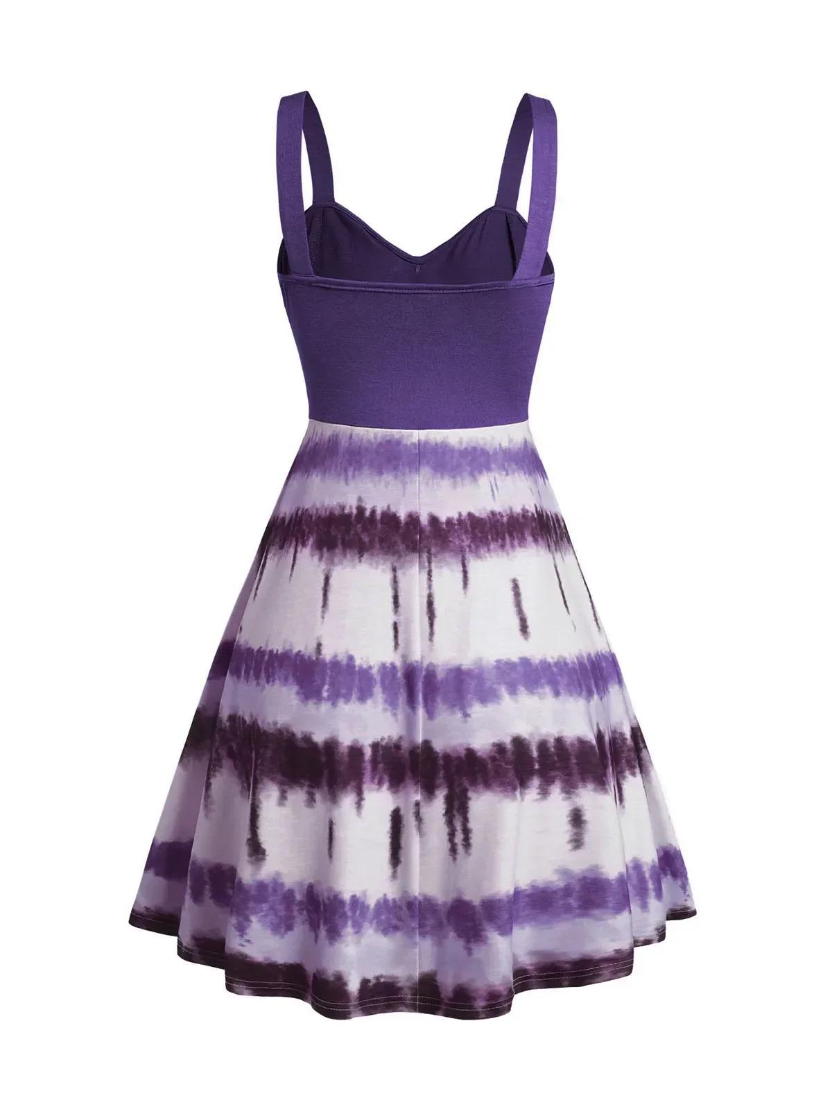 Plus Size Tie-Dye Faux Button A-Line Sleeveless Dress 1XL фиолетовый