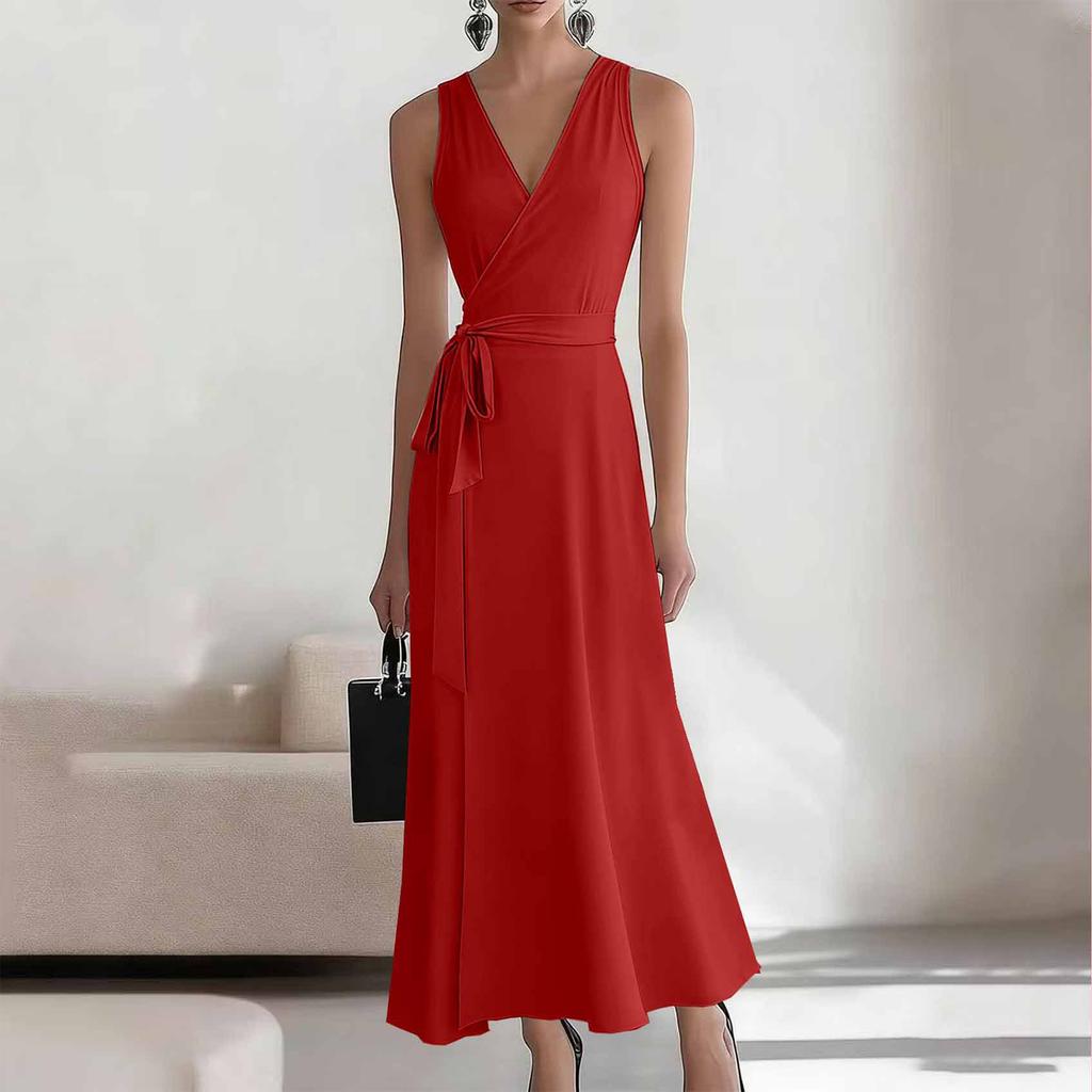 Women's Fashionable Color V-neck Lace Sleeveless Long Casual Dress