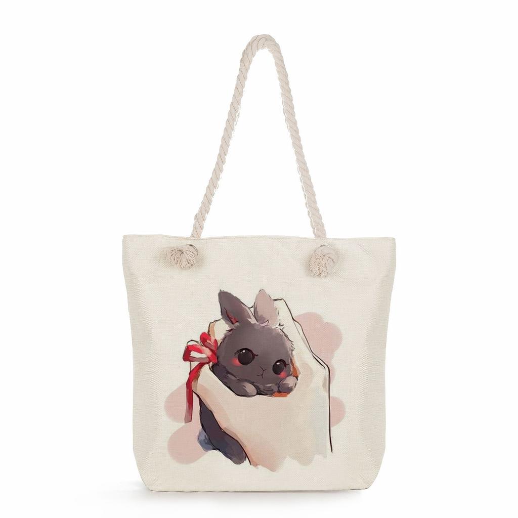 Sac de plage à bandoulière unique en corde épaisse avec imprimé lapin créatif 7247 CLE
