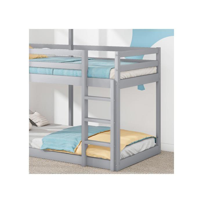 Lit superposé - MUVOE - 90x200 cm - Bois massif - Gris - Avec échelle et baldaquin