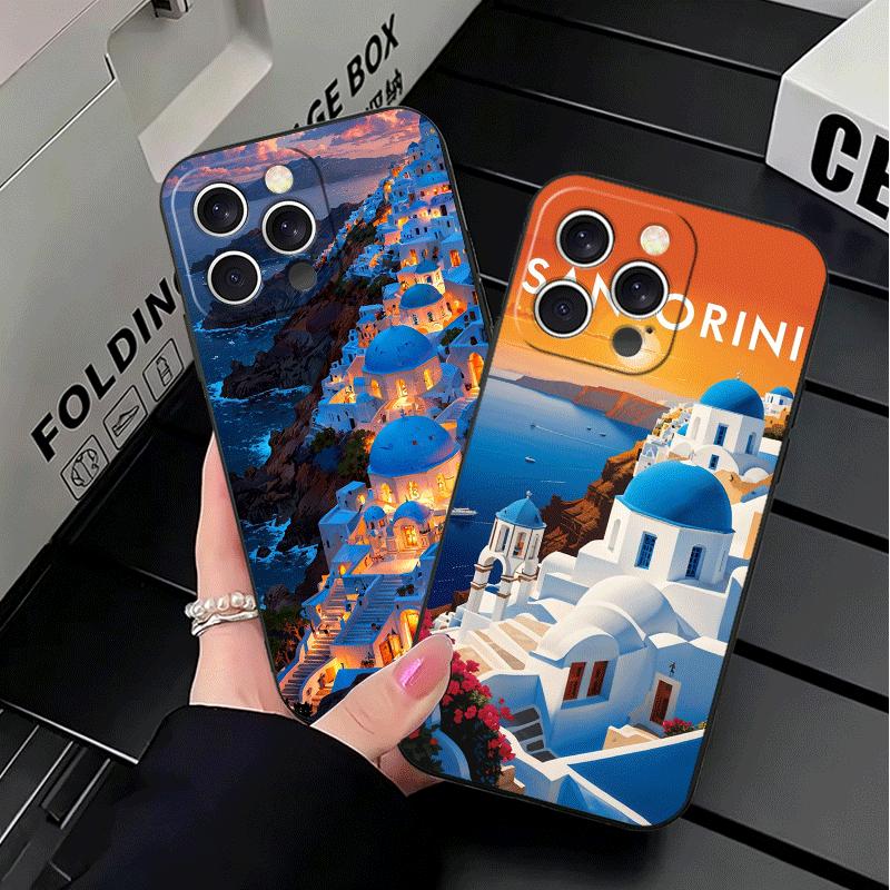 Santorini Greece Summer Soft Phone Case for iPhone 16 16E 17 Air 15 Pro Max 14 Plus 13 Mini 11 12 7 Black Cover Back Shell