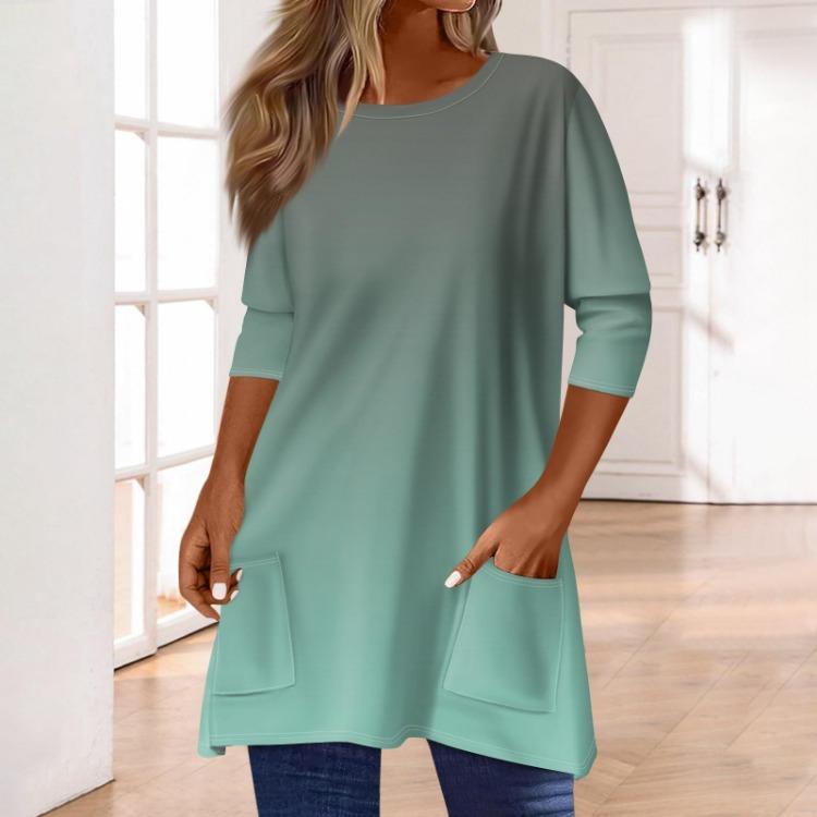 Women 3/4 Sleeve Round Neck T Shirt Casual Print Blouse Pullover Tops with Pocket Mid Length